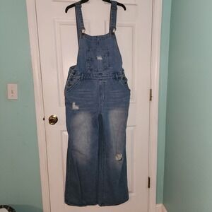 Wide Leg Denim Distressed Bib Overalls Coveralls. Womens Size XL Blue Jean